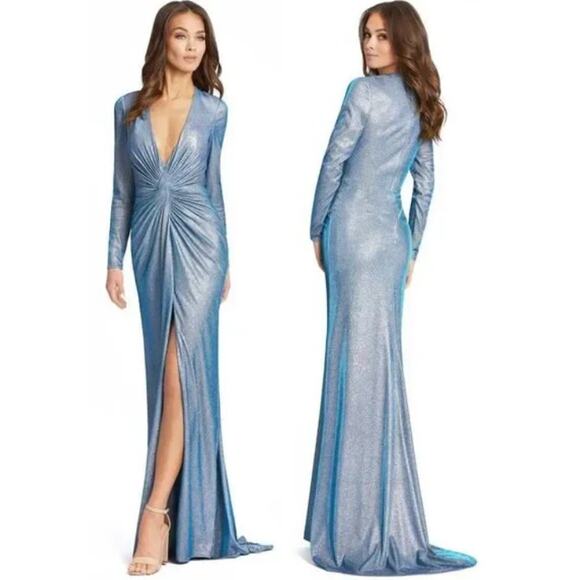 Mac Duggal Dresses & Skirts - Ieena for Mac Duggal Blue Metallic Deep V-Neck Front Twist Maxi Gown Size 4